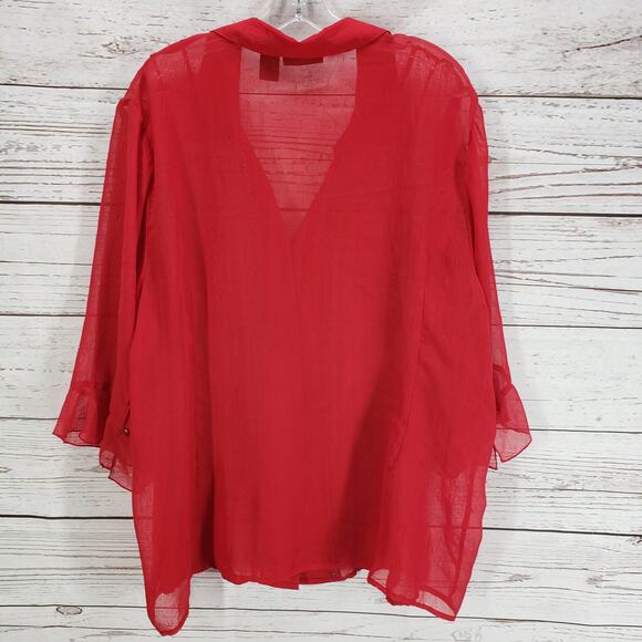 Maggie Barnes Red Sheer Ruffle Sleeve Pleated Light Textured Top Size 2X - Picture 13 of 13